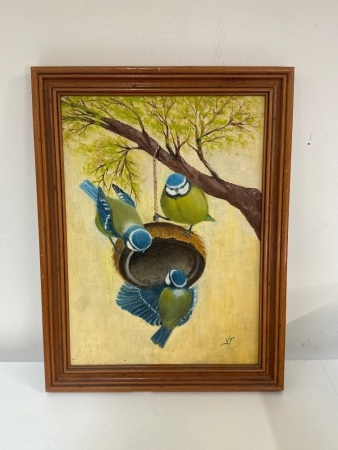Birds in Tree Oil Pastels on Board 6/95 by VJ