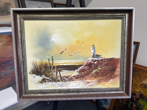 Light House on Cliff Oil on Board by P Lond&nbsp;