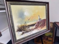 Light House on Cliff Oil on Board by P Lond&nbsp; - 2