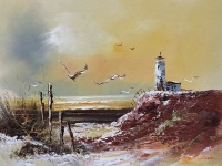 Light House on Cliff Oil on Board by P Lond&nbsp; - 3