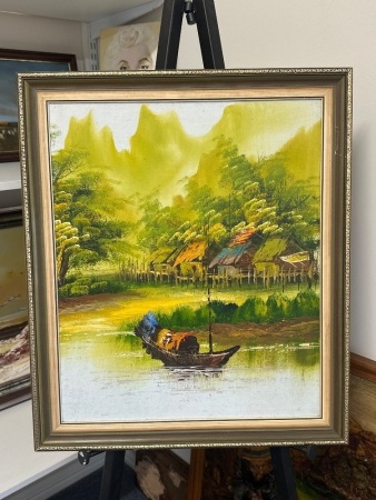 Vintage Vietnamese Boating Scene Oil on Board - Artist Unknown