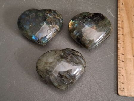 Three Labradorite Carved Stone Hearts - From Madagascar
