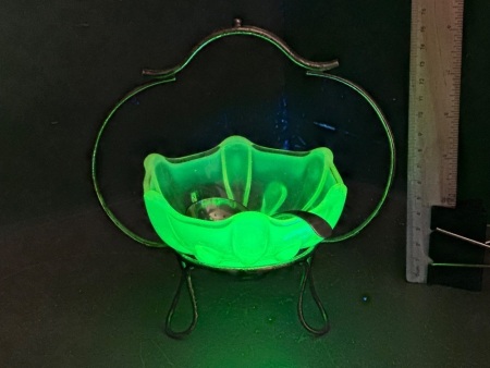 Vasoline Uranium Glass Bowl in Stand with Hallmarked Spoon