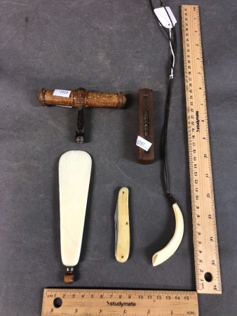 Vintage Collection of Bone Shoe Horn, Brass Mounted Mini Level, Bone Cased German Penknife, Boar Tusk Pendant, Wooden Handled Clock Key