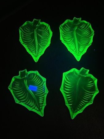 4 Vasoline Uranium Glass Mini Leaf Plates