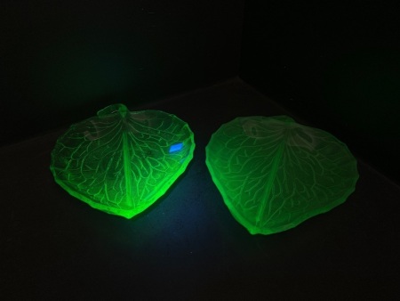 2 Uranium Glass Leaf Plates