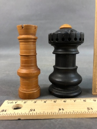 2 Vintage Needle Cases in the Shape of a Chess Pieces - Boxwood Rook and Ebony Queen