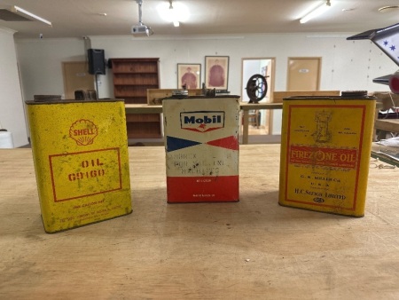 3x Vintage 1gal Oil Tins - Shell, Firezone, Mobil