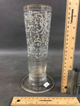 Tall Antique Venetian Glass Vase with Decorative Arabesque Painted Pattern, Folded Glass Foot & Applied Spiral Bead to Stem c1800's