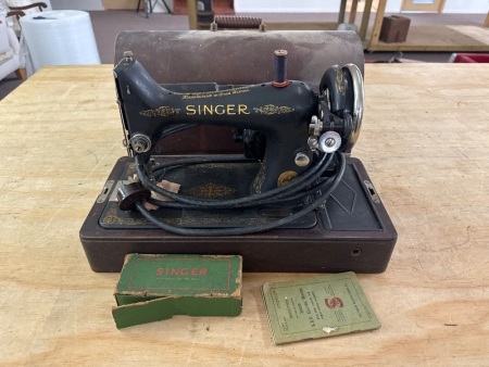 Vintage Electric Singer (GB) Sewing Machine - EC549557 - Knee Control - with instructional booklet and spare bobbins etc.