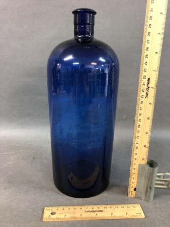 Antique Hand Blown Bristol Blue 100 oz. Glass Apothecary Bottle - Etched on ShoulderÂ 