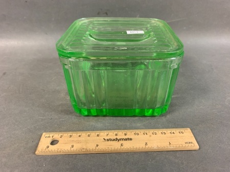Vintage Square Uranium Glass Butter Dish with Lid