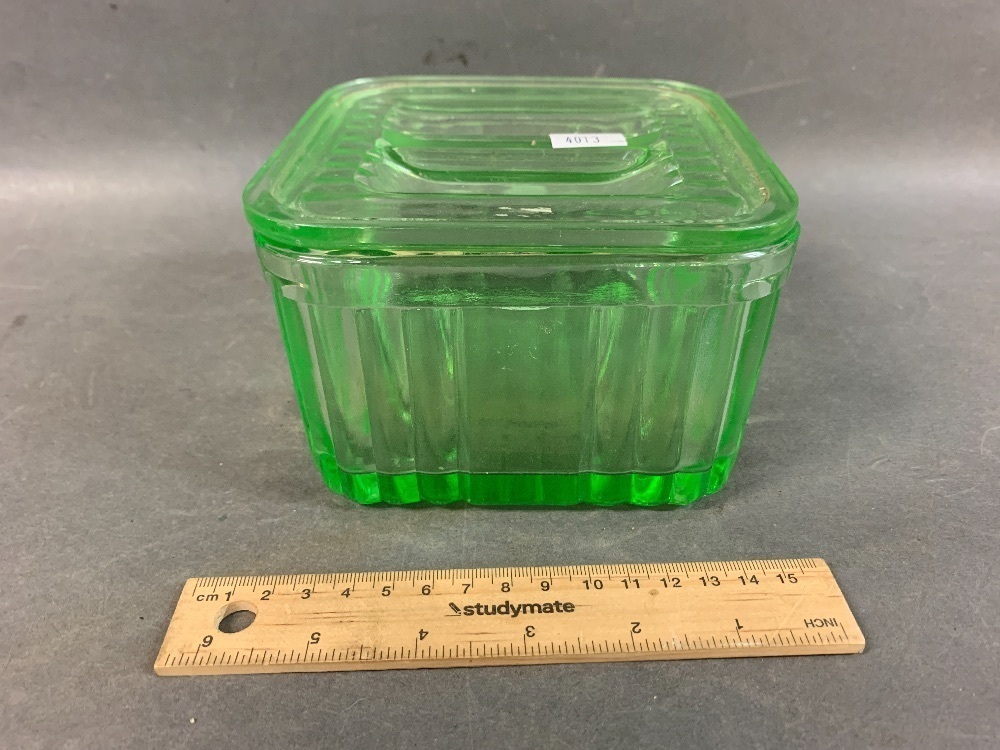 Vintage Square Uranium Glass Butter Dish with Lid