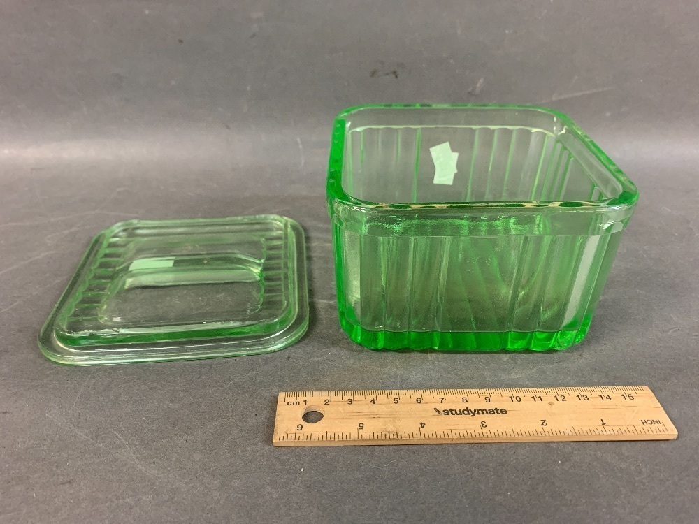 Vintage Square Uranium Glass Butter Dish with Lid