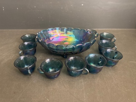 Blue Carnival Glass Fruit Bowl and 12 Cups