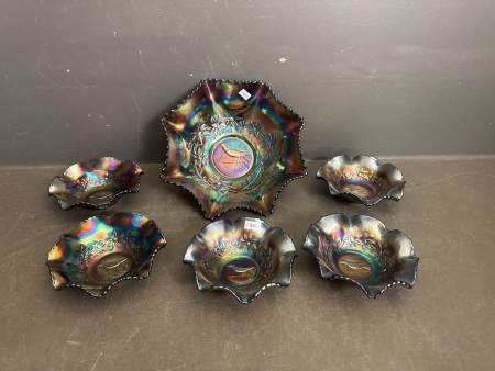 Crown Crystal Magpie Amethyst Carnival Glass Master Bowl w. 5 smaller Bowls