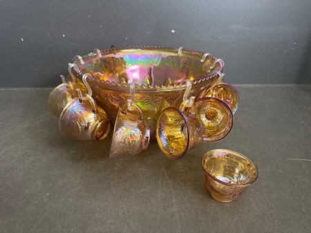 Carnival Glass Punch Bowl and Cups - Marygold - Grapvine Pattern
