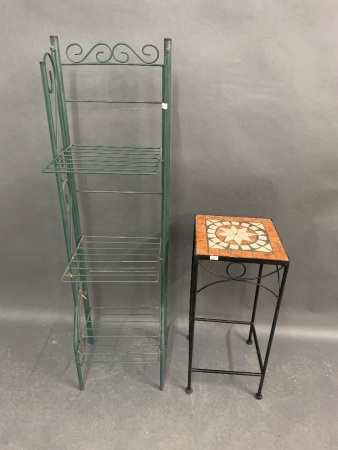 Green Steel Shelves + Tile Topped Plant Stand