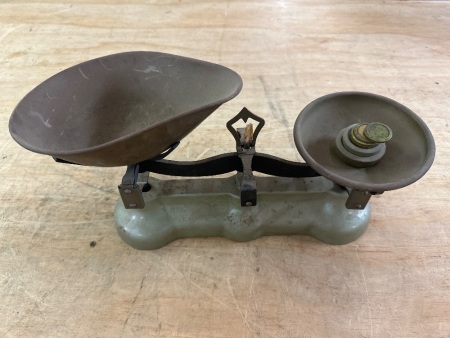 Vintage Balance Scales - Cast Iron Base with Brass Bowls and Weights