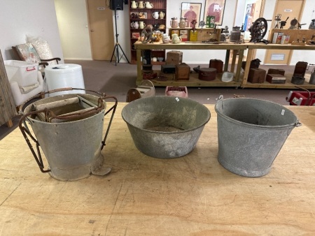 Vintage Galvanised Lot - inc. KA Mop Bucket, TOMKIN Bucket, and unmarked tub