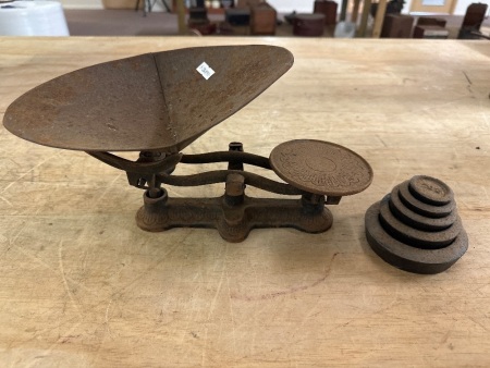 Small Antique Cast Iron Balance Scales + Weights