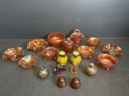 Mid-Century Marigold Carnival Glass Bowls & Purfume Bottles