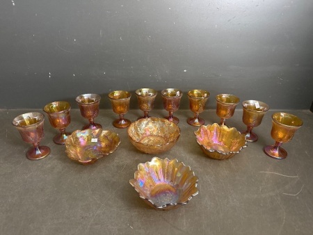 Peach Carnival Glass Wine Goblets & 4 Bowls