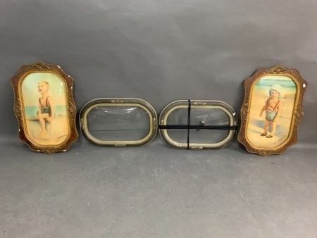 Pair of Vintage Frames with Convex Glass + Pair of Vintage Photo Frames - 1 Has Convex Glass Missing