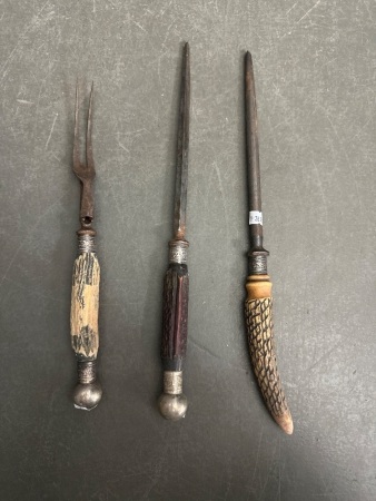 2x Antler Handled Steels + Carving Fork