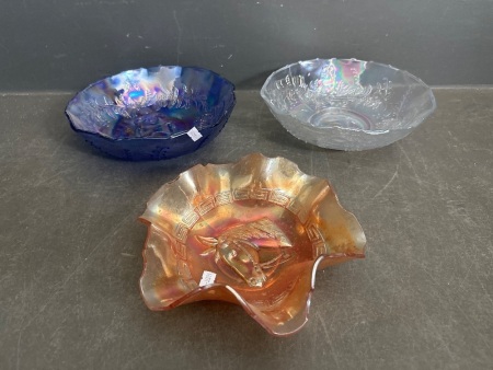 2 Koala Carnival Glass Bowls & 1 Horse Carnival Glass Bowl