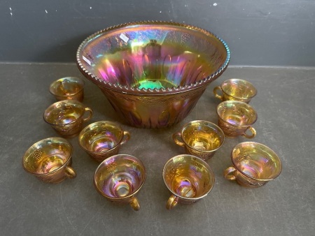 Carnival Glass Punch Bowl w. 10 Glasses