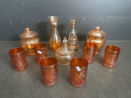 Selection of Marigold Carnival Glass Glasses & Jars