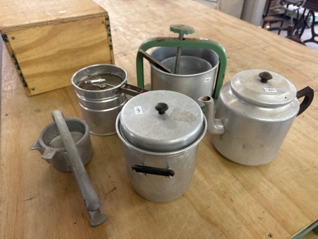 Assorted Vintage Aluminium Kitchenalia inc., duck press, tea pot, dripping tin, flour seive etc