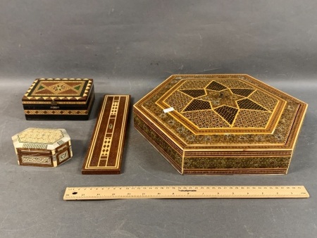 3 Inlaid Jewellery Boxes + Cribbage Board