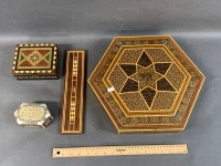 3 Inlaid Jewellery Boxes + Cribbage Board - 3