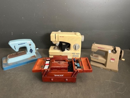 Lot of 3 Vintage Sewing Machines and Singer Sewing Box with Equipment