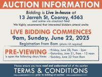 AUCTION INFORMATION: Bidding is live at 13 Jarrah St, Cooroy, 4563 & online via web feed (simulcast) - It is recommended that interested bidders attend the auction onsite | BIDDING COMMENCES: 9am, Sunday, June 22 2025, Registration from 8am (photo I.D req