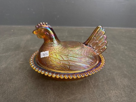 Indiana Amber Glass Carnival Glass Hen on Nest