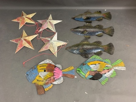 Collection of 5 x Painted Tin Fish + 4 Stars