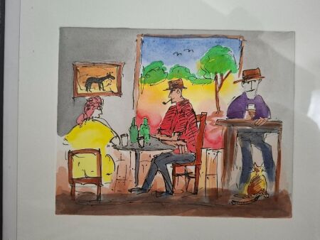 Pro Hart Hand Coloured Etching The Front Bar of the Pub PP