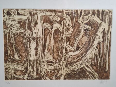Pro Hart Hand Coloured Etching 21/100 3 Miner Heads untitled