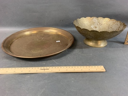 Vintage Chinese Incised Brass Tray + Contemporary Spun Brass Bowl
