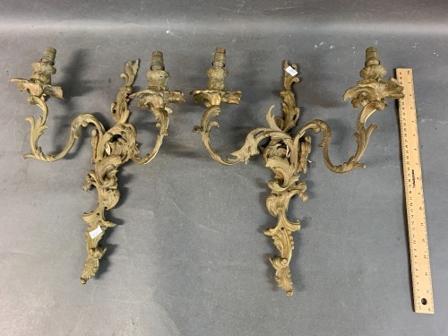 Pair of Vintage Rococco Style Cast Brass Wall Lighting Sconces