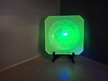 Uranium Glass Art Deco Pond Scene Dish