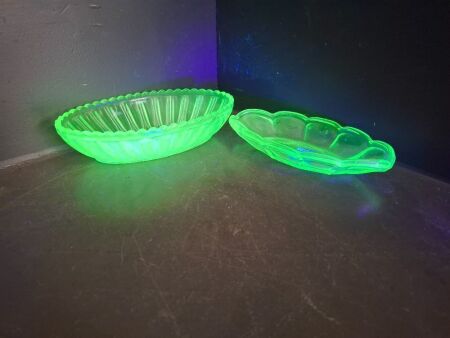 2 Uranium Glass Oval Bowls