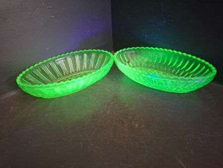 2 Uranium Glass Oval Bowls