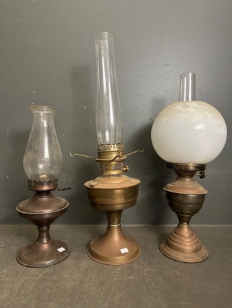2 Possibly Copper Kerosene Lanterns + Metal Base Kerosene Lantern