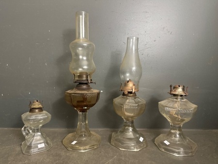 4 Clear Glass Kerosene Lanterns - 2 without chimneys