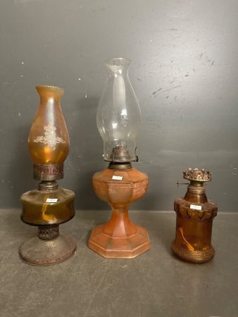 3 Amber Glass Kerosene Lanterns