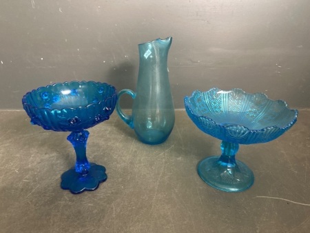 3 Art Deco Blue Glass Pieces